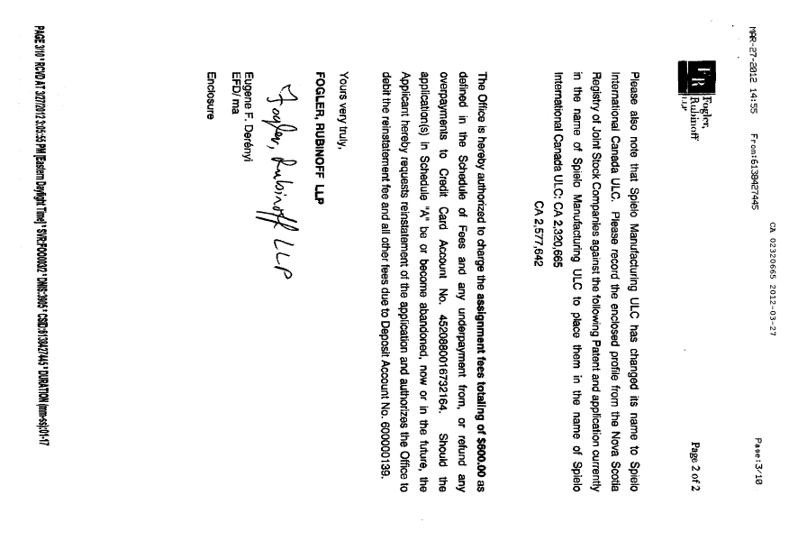 Canadian Patent Document 2320665. Correspondence 20120327. Image 2 of 4