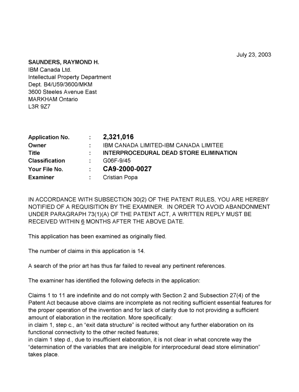 Document de brevet canadien 2321016. Poursuite-Amendment 20030723. Image 1 de 4