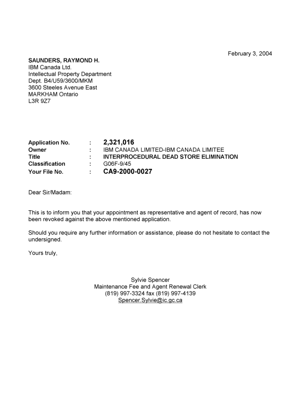 Document de brevet canadien 2321016. Correspondance 20040203. Image 1 de 1