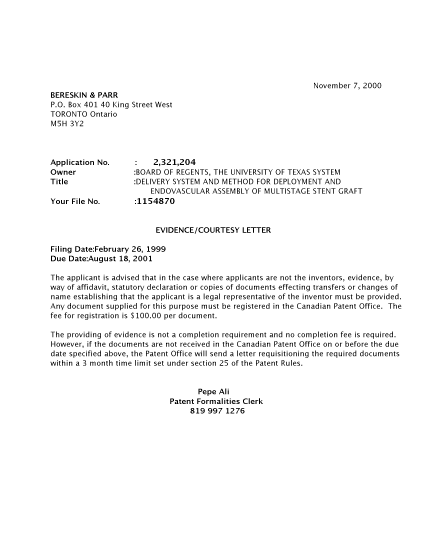 Canadian Patent Document 2321204. Correspondence 20001101. Image 1 of 1