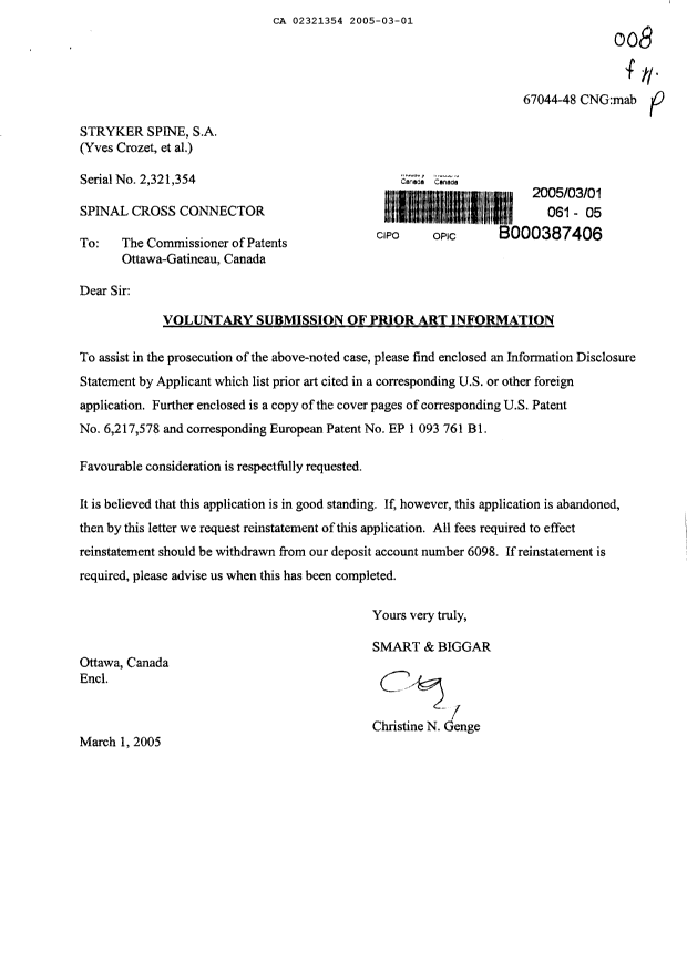 Document de brevet canadien 2321354. Poursuite-Amendment 20050301. Image 1 de 1