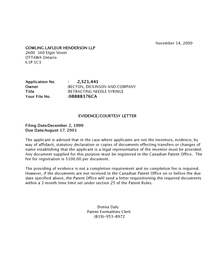 Canadian Patent Document 2321441. Correspondence 20001107. Image 1 of 1