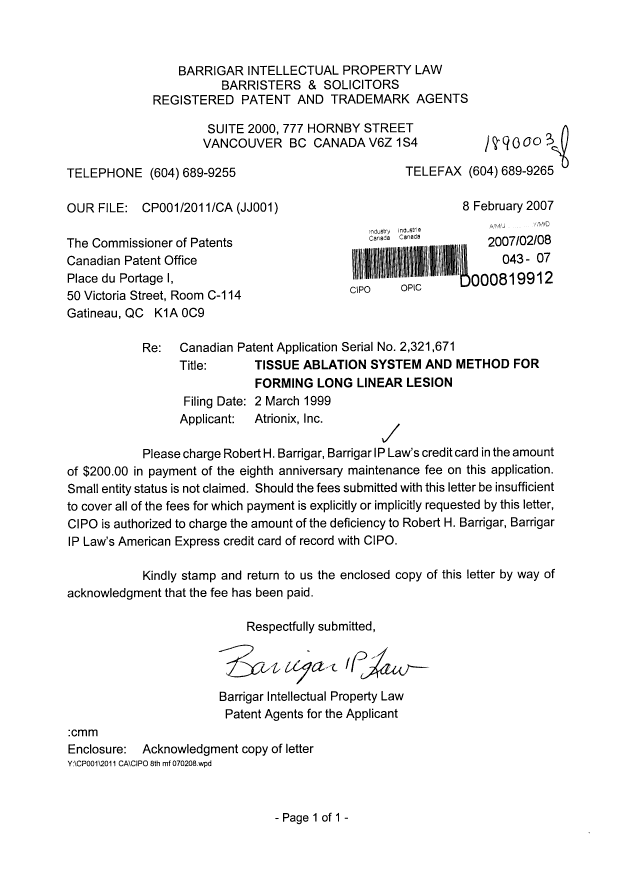 Document de brevet canadien 2321671. Taxes 20070208. Image 1 de 1