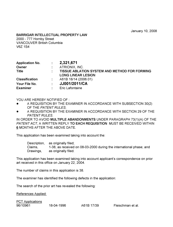 Canadian Patent Document 2321671. Prosecution-Amendment 20080110. Image 1 of 3