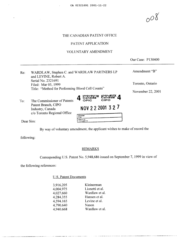 Canadian Patent Document 2321691. Prosecution-Amendment 20001222. Image 1 of 2