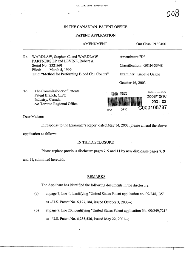 Canadian Patent Document 2321691. Prosecution-Amendment 20021216. Image 1 of 8