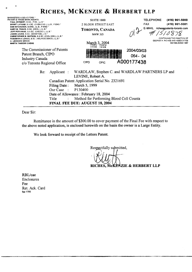 Canadian Patent Document 2321691. Correspondence 20031203. Image 1 of 1