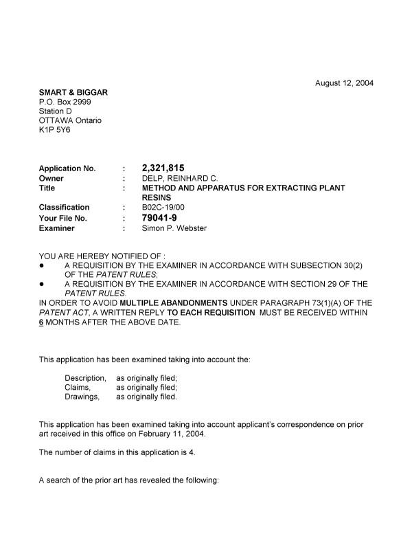 Canadian Patent Document 2321815. Prosecution-Amendment 20031212. Image 1 of 3