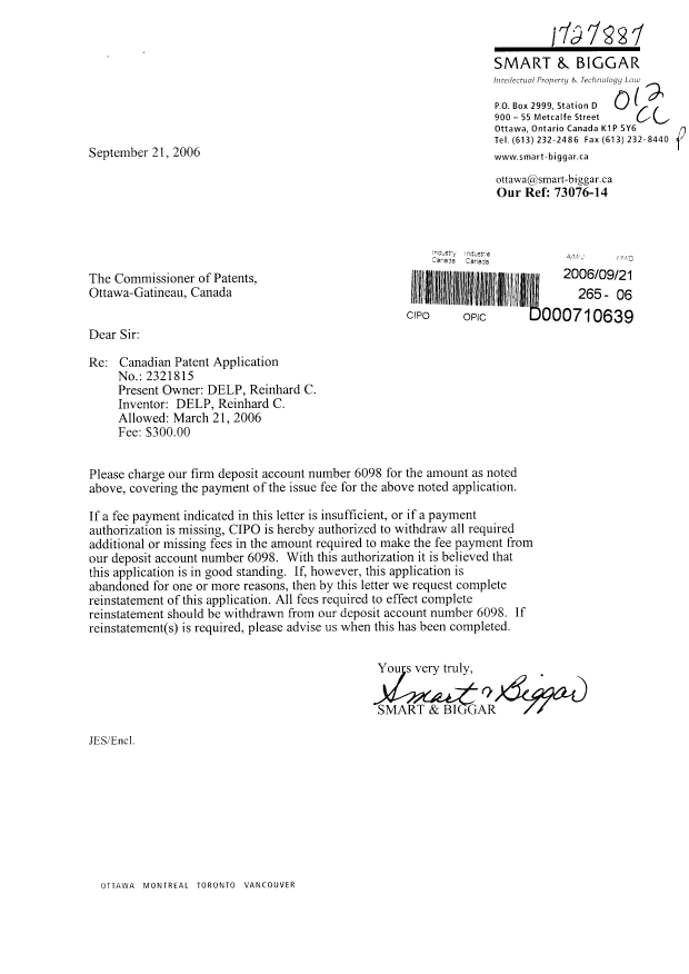 Canadian Patent Document 2321815. Correspondence 20051221. Image 1 of 1