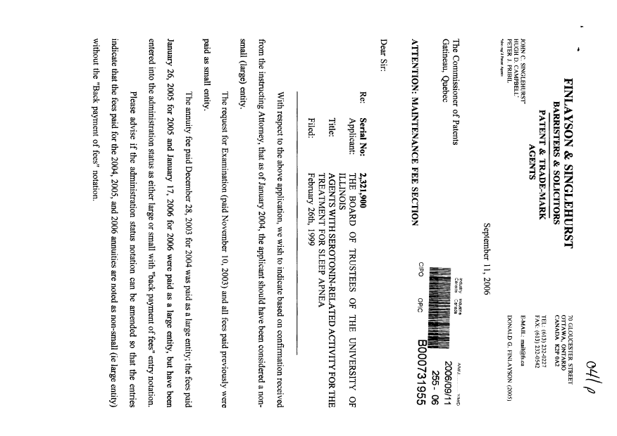 Document de brevet canadien 2321900. Poursuite-Amendment 20060911. Image 1 de 2