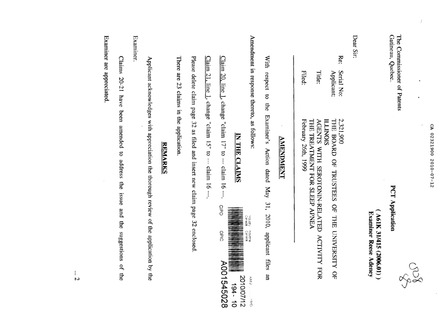 Canadian Patent Document 2321900. Prosecution-Amendment 20100712. Image 1 of 3