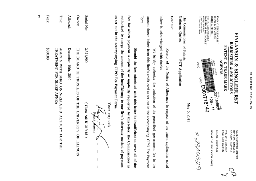 Canadian Patent Document 2321900. Correspondence 20110505. Image 1 of 1