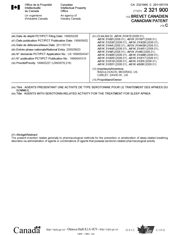 Canadian Patent Document 2321900. Cover Page 20110616. Image 1 of 2