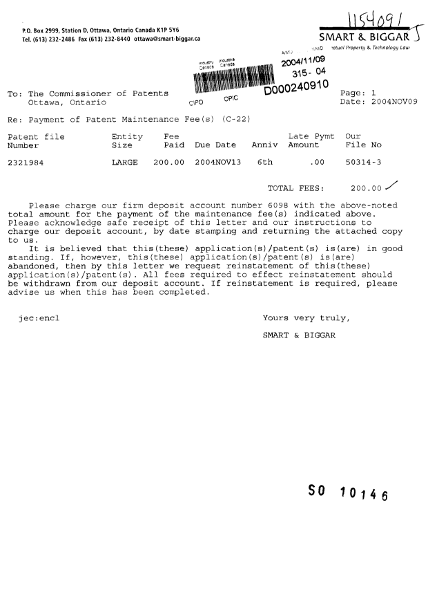 Document de brevet canadien 2321984. Taxes 20041109. Image 1 de 1