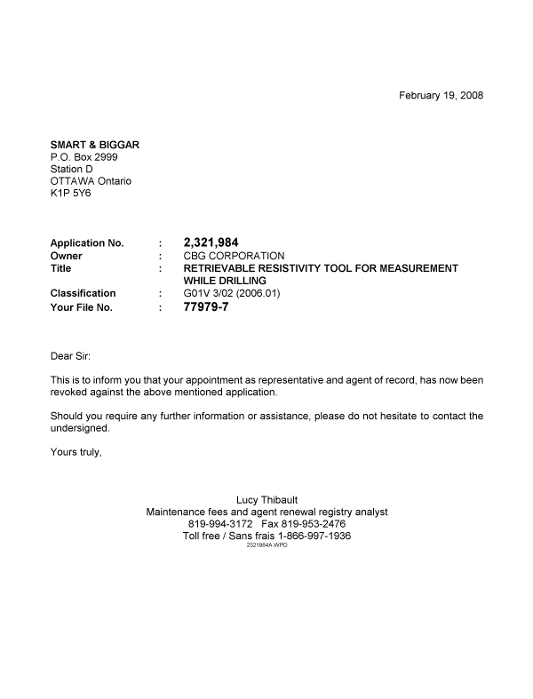 Document de brevet canadien 2321984. Correspondance 20080219. Image 1 de 1