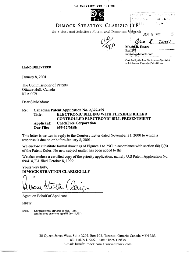 Document de brevet canadien 2322409. Correspondance 20010108. Image 1 de 36