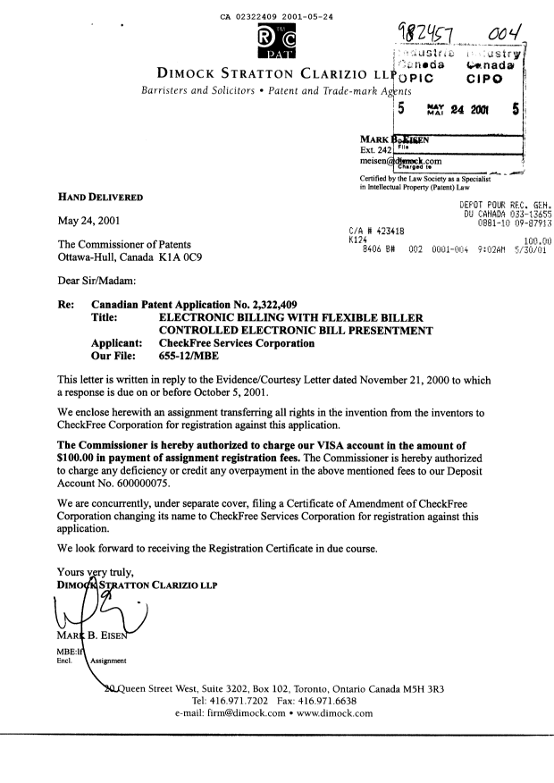 Document de brevet canadien 2322409. Cession 20010524. Image 1 de 3