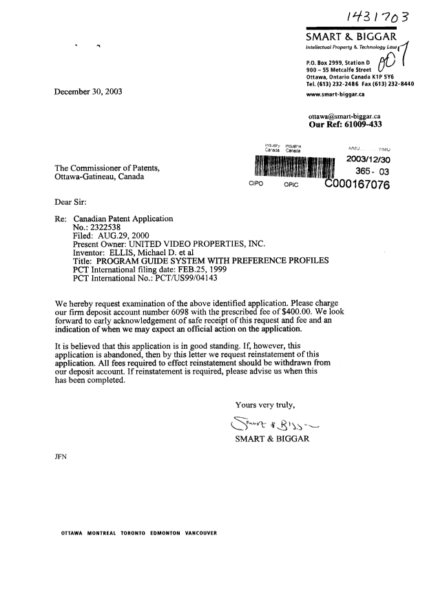 Canadian Patent Document 2322538. Prosecution-Amendment 20031230. Image 1 of 1