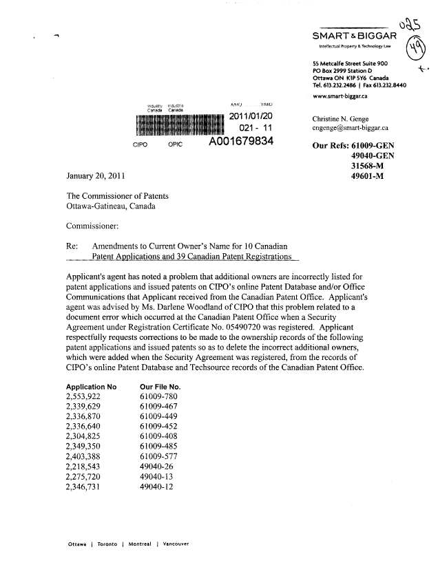 Document de brevet canadien 2322538. Cession 20110120. Image 1 de 3