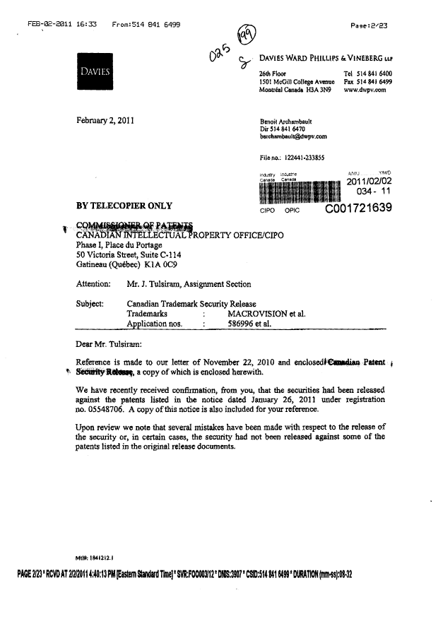 Document de brevet canadien 2322538. Cession 20110202. Image 1 de 23