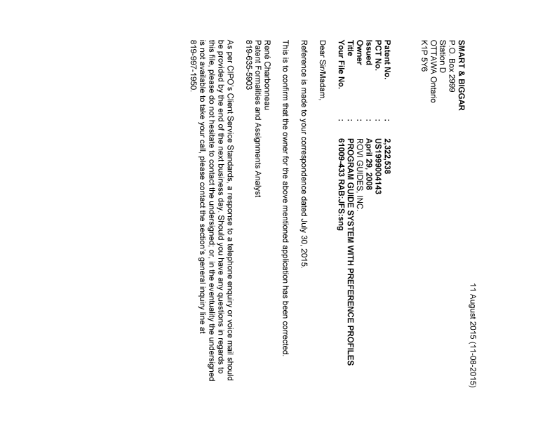Canadian Patent Document 2322538. Correspondence 20150811. Image 1 of 1