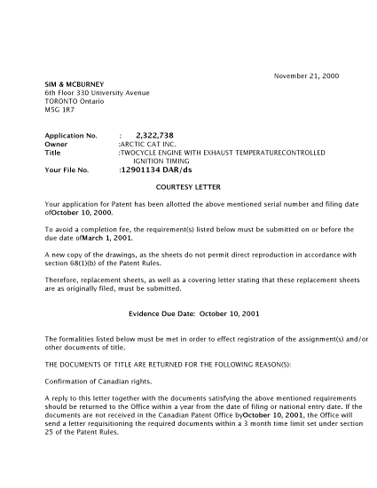 Document de brevet canadien 2322738. Correspondance 20001117. Image 1 de 2