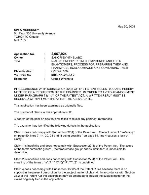 Canadian Patent Document 2322738. Prosecution-Amendment 20001230. Image 1 of 2