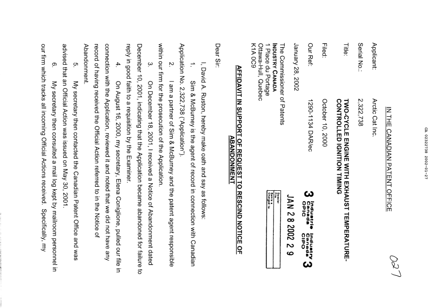 Canadian Patent Document 2322738. Prosecution-Amendment 20020128. Image 1 of 2