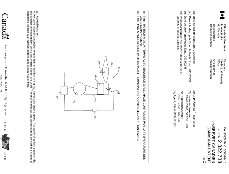 Canadian Patent Document 2322738. Cover Page 20030114. Image 1 of 1