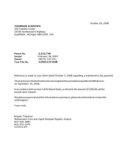 Document de brevet canadien 2322738. Correspondance 20081020. Image 1 de 1