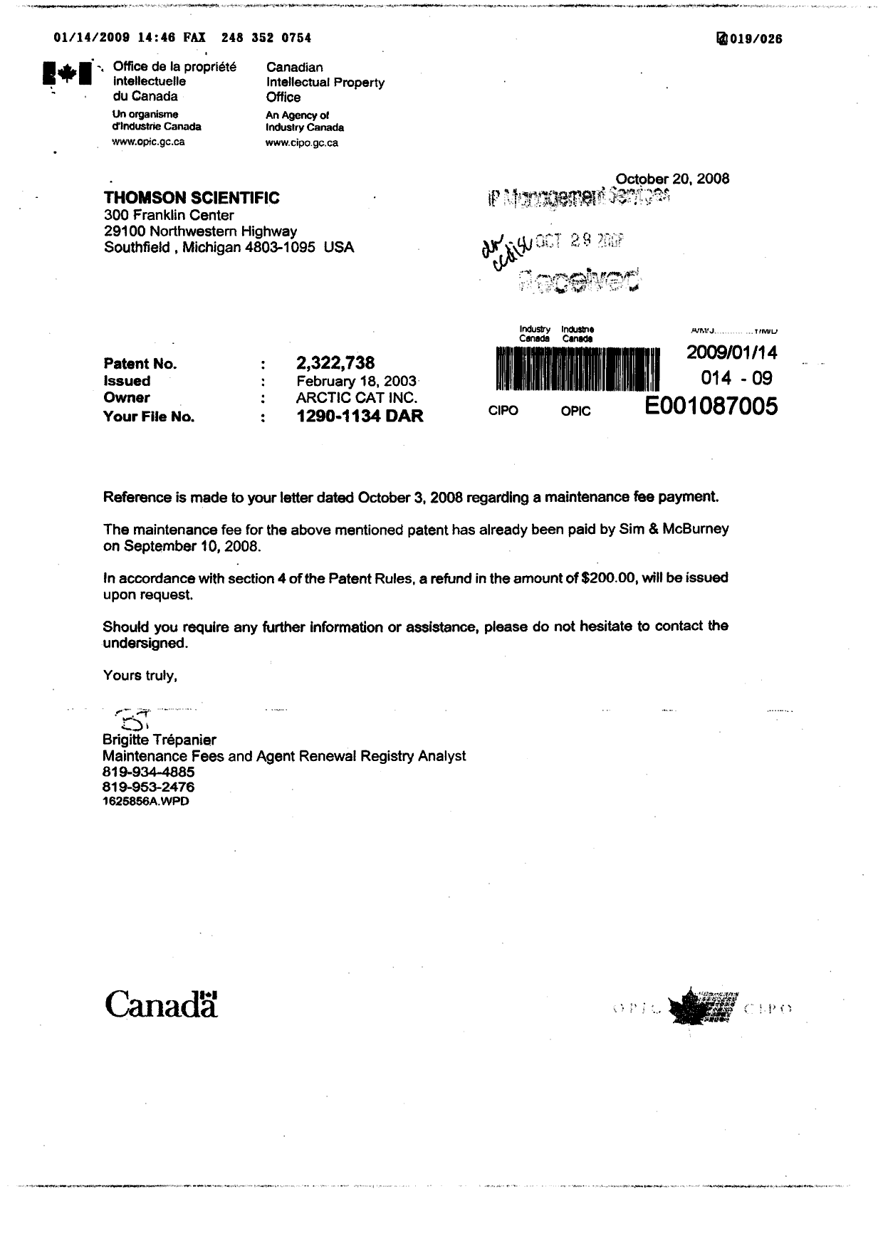 Document de brevet canadien 2322738. Correspondance 20090114. Image 1 de 1