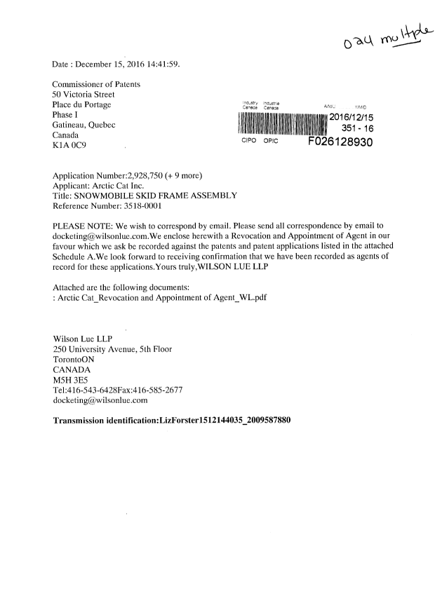 Canadian Patent Document 2322738. Correspondence 20161215. Image 1 of 3