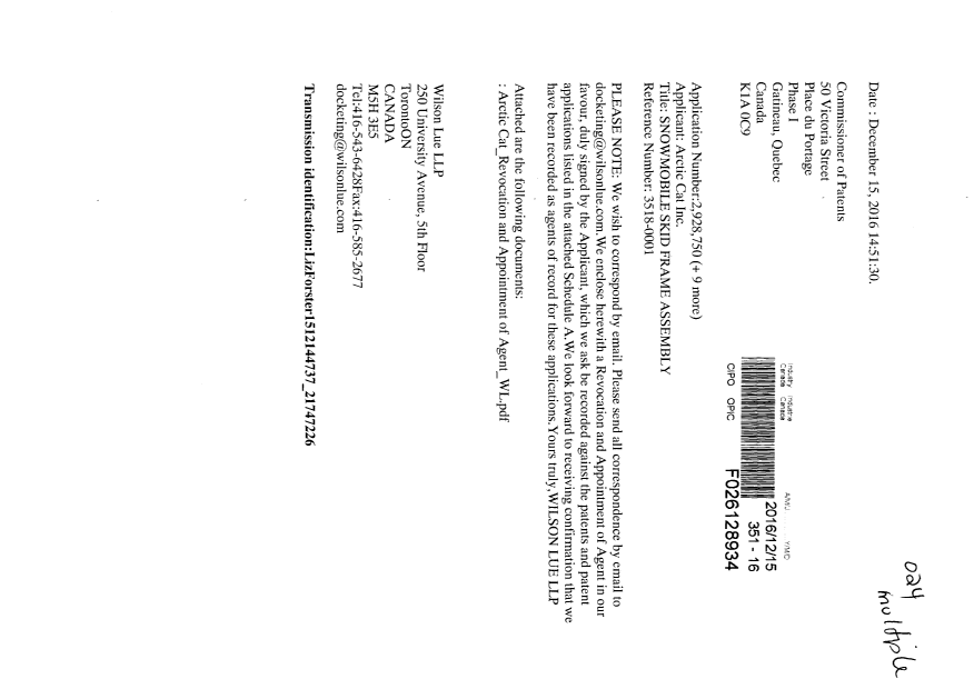 Document de brevet canadien 2322738. Correspondance 20161215. Image 1 de 3
