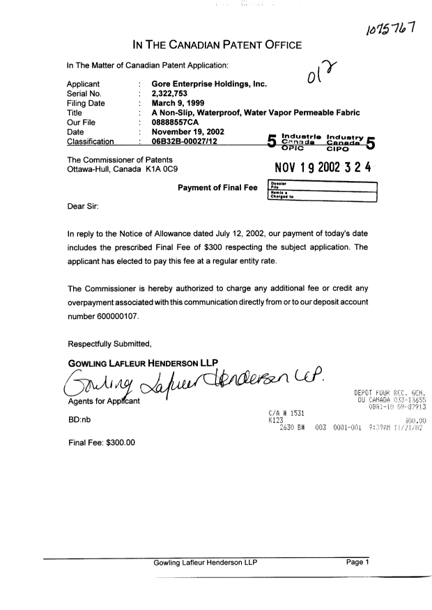 Canadian Patent Document 2322753. Correspondence 20021119. Image 1 of 1