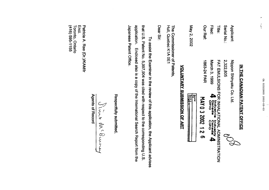 Document de brevet canadien 2322805. Poursuite-Amendment 20020503. Image 1 de 1