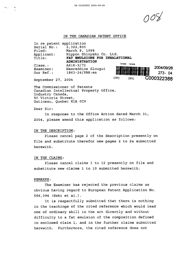 Document de brevet canadien 2322805. Poursuite-Amendment 20040928. Image 1 de 7