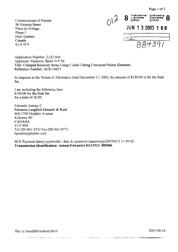 Canadian Patent Document 2322844. Correspondence 20030613. Image 1 of 1