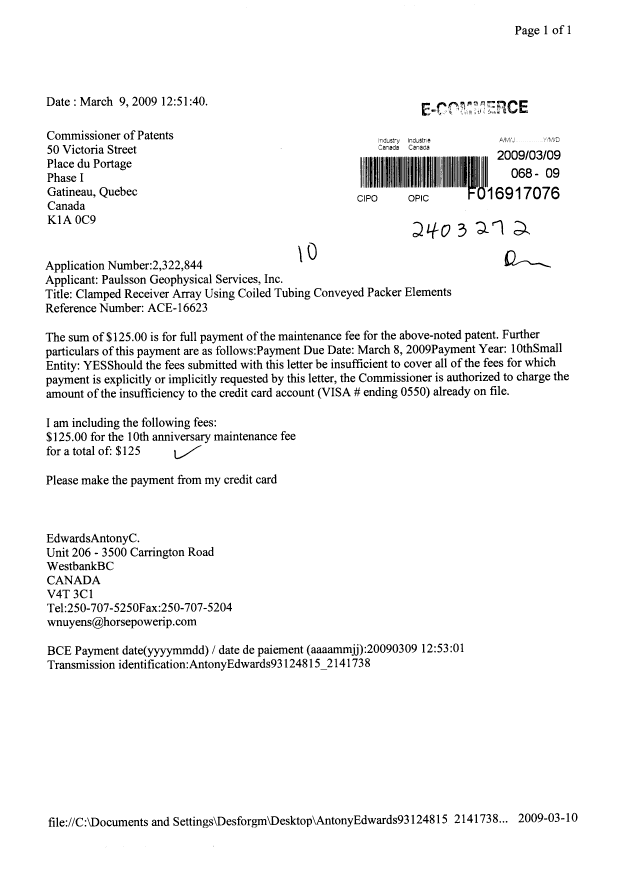 Document de brevet canadien 2322844. Taxes 20090309. Image 1 de 1