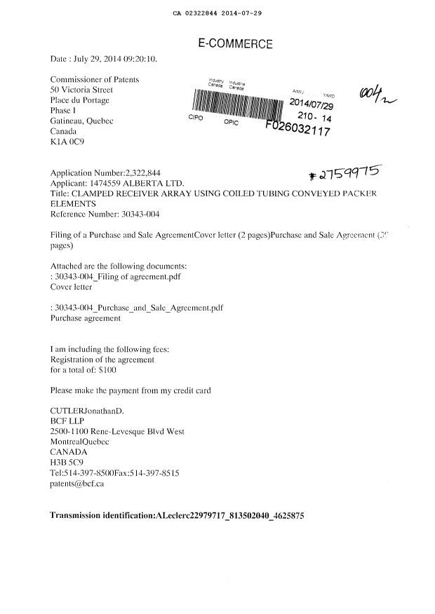 Document de brevet canadien 2322844. Cession 20140729. Image 1 de 42