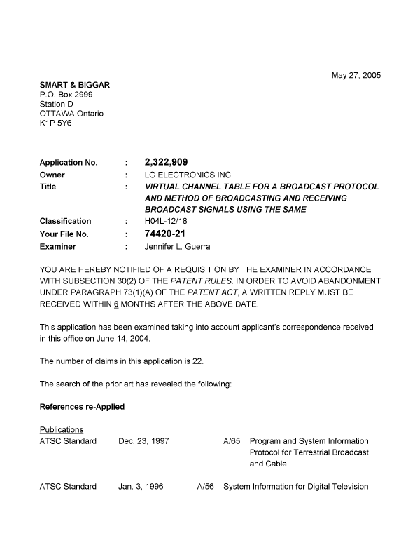 Document de brevet canadien 2322909. Poursuite-Amendment 20050527. Image 1 de 3