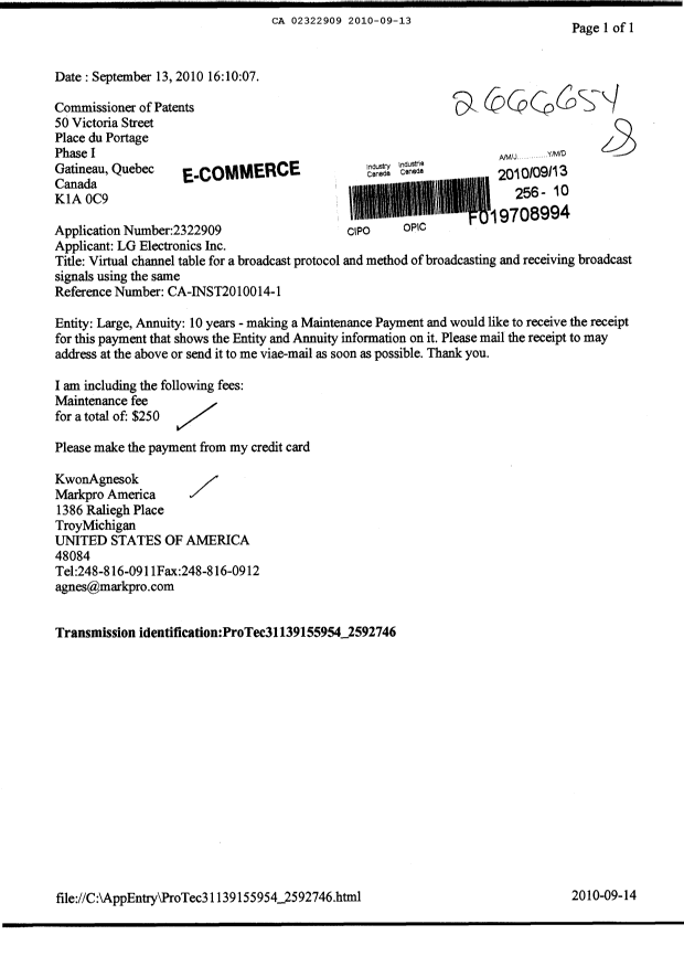 Document de brevet canadien 2322909. Taxes 20100913. Image 1 de 1
