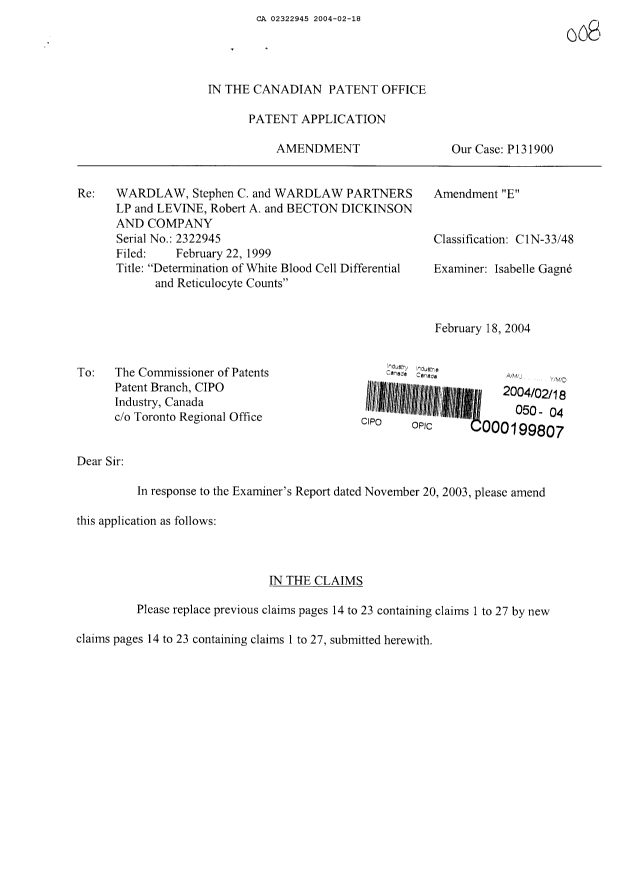 Canadian Patent Document 2322945. Prosecution-Amendment 20040218. Image 1 of 13