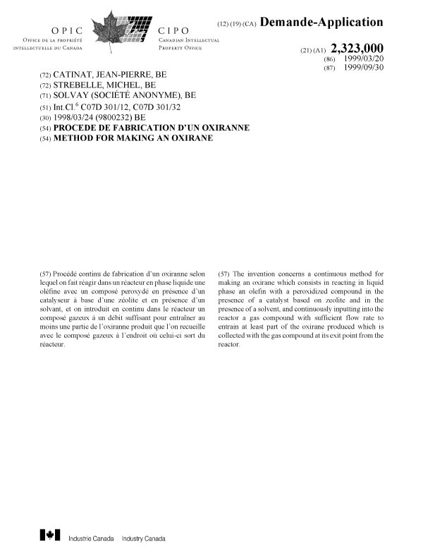 Document de brevet canadien 2323000. Page couverture 20001211. Image 1 de 1