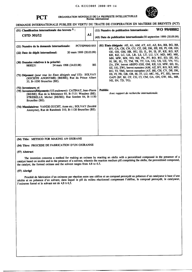Document de brevet canadien 2323005. Abrégé 20000914. Image 1 de 1