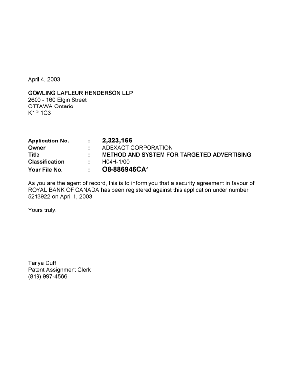 Document de brevet canadien 2323166. Correspondance 20030404. Image 1 de 1