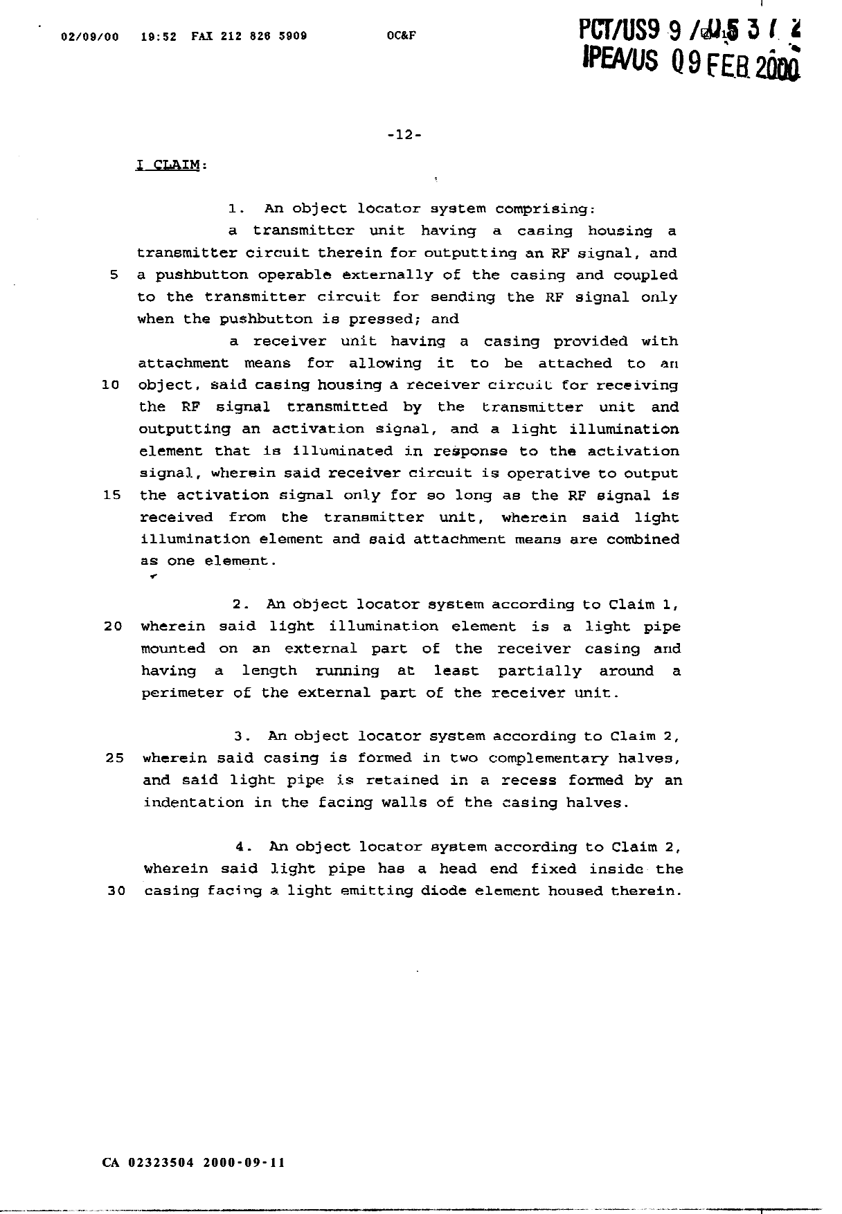 Document de brevet canadien 2323504. Revendications 20000911. Image 1 de 5