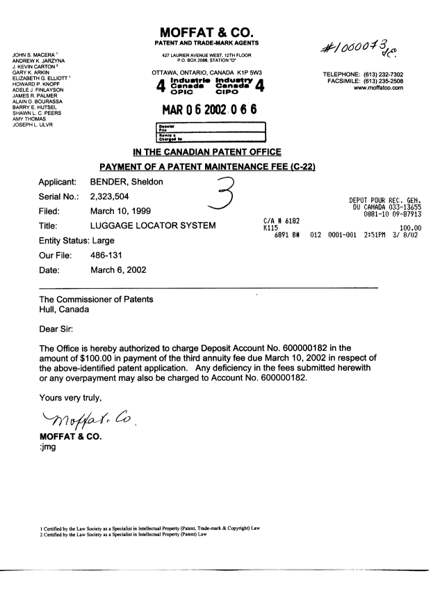 Document de brevet canadien 2323504. Taxes 20011206. Image 1 de 1