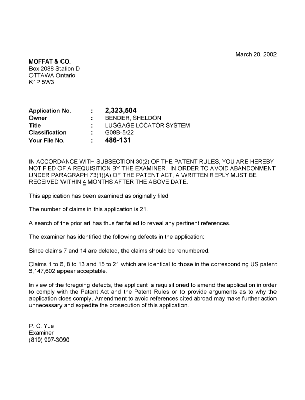 Canadian Patent Document 2323504. Prosecution-Amendment 20011220. Image 1 of 1