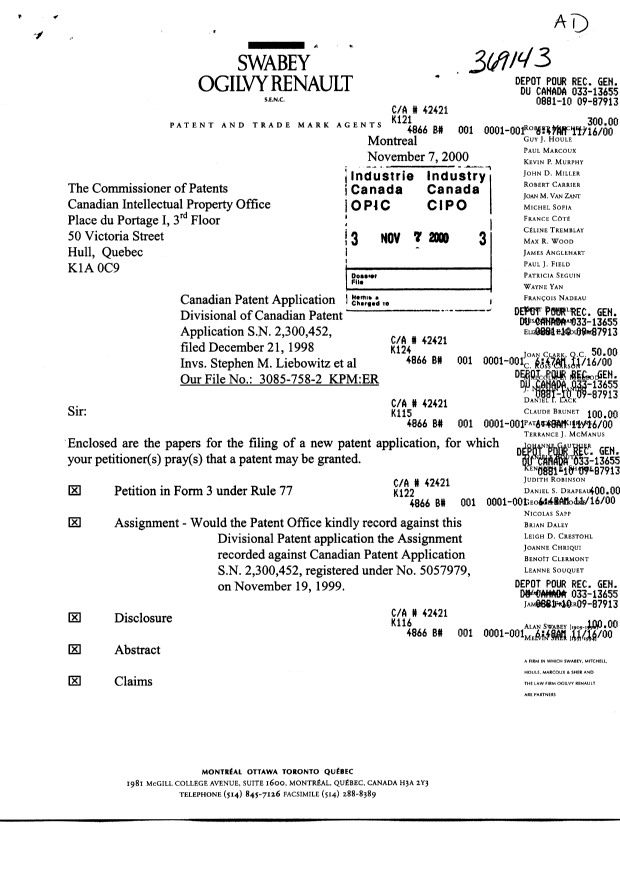 Canadian Patent Document 2323849. Assignment 20001107. Image 1 of 6