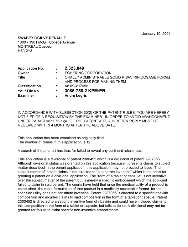 Canadian Patent Document 2323849. Prosecution-Amendment 20010110. Image 1 of 2
